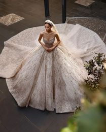 Luxury Ball Gown Wedding Dresses Sleeveless V Neck Strapless Sequins Applique Ruffles Zipper Beads Diamonds Crystals Plus Size Bridal Gowns Vestido de novia