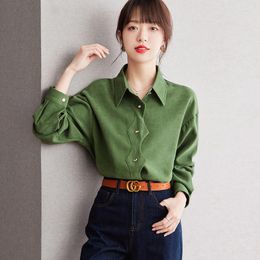 Women's Blouses Solid Shirts Summer 2023 Green Loose Vintage Long Sleeves Polo Neck Tops Ladies Clothing YCMYUNYAN