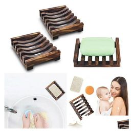 Soap Dishes Natural Wooden Bamboo Dish Tray Holder Storage Rack Plate Box Container For Bath Shower Bathroom Drop Delivery Home Gard Dhxid