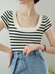 Women's Sweaters Round Neck Ice Stripe T-shirt Summer Slim Short Knitted Top Women Woman Clothing Bodysuit