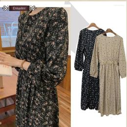 Casual Dresses 2023 Spring Autumn Basic Long Women Korean Japanese Temperament Design Style Floral Printed Vintage Dress Cute E605