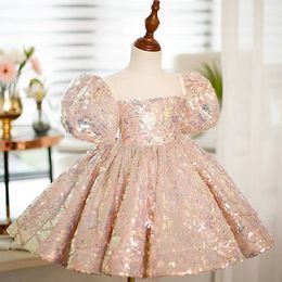 Beautiful Flower Girl Dresses for wedding Sheer Appliqued short Sleeves Sheer Jewel Neck Princess shiny birthday gown Girls Formal Pageant Gowns With Big Bow Sash