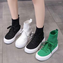 Boots Green Knit Elastic Mesh Women 2023 Autumn Slip On Platform Ankle For Woman Thick Bottom Breathable Sock Shoes