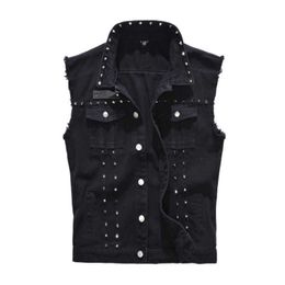 Men's tank Top 2023 summer hot selling trend Denim tank Top Punk Rock studded denim Black Jeans vest Fashion motorcycle style sleeveless jacket M-5XL