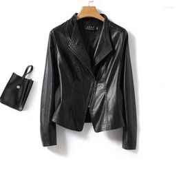 Women's Leather Women Real Coat Small Sheepskin Lapel Short Slim Jacket Fall Winter Vintage Zipper Female Chic Outwear