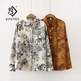 Women's Blouses Shirts Spring New Women Vintage Ink painting Print Chiffon Blouse Full Sleeve Button Up Loose Shirt Autumn Casual BF Style Tops T11612F J230802