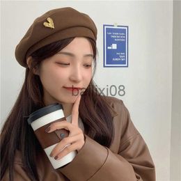 Stingy Brim Hats Korean Style Autumn and Winter Woolen Berets Caps for Women Retro Wild Fashion Love Metal Painter Hats Elegant Solid Beret Hat J230802