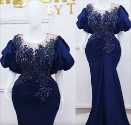 Plus storlek 2023 Arabiska aso ebi Royal Blue Mermaid Prom klänningar spetspärlade kristaller kväll formell formell parti andra mottagning födelsedag engagemang klänningar klänning zj48