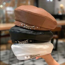 Stingy Brim Hats Vintage Women Beret Solid Beret Cap Pu Leather Chain Beret French Artist Warm Beanie Hat Female Ladies All-Match Adjustable Hat J230802