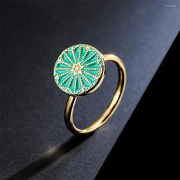 Cluster Rings 2023 Young Fashion Green Dripping Oil Copper Metal Fresh Style Resizable Plated 18k Gold Women's Ring