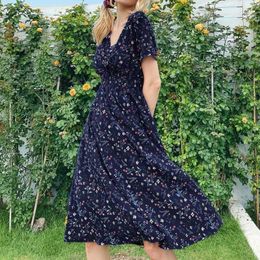 Casual Dresses Summer Dress V-Neck Short-Sleeved A-Line Elastic Waist Floral Print Beach Long Robe Womens 2023