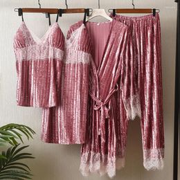 Women's Sleepwear Velour Striped Pyjamas Set Women Lace 4PCS Sexy V-neck Robe Suit Velvet Pijamas Female Kimono Gown Loungewear