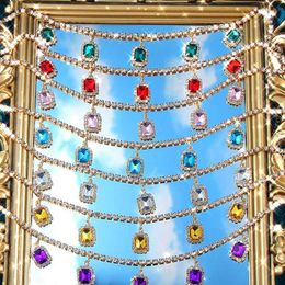 Pendant Necklaces New Multicolor Square Crystal Choker Necklace for Women Jewellery Gold Silver Colour Bling Rhinestone Tennis Chain Collar 230613