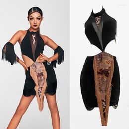 Stage Wear Sexy Hollow Halter Black Latin Dance Dress Women Ballroom Rumba Salsa Prom Dresses Fringes Sleeves Practise Set SL6999