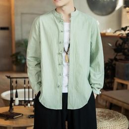 Men's Casual Shirts Linen For Men Chinese Style Long Sleeve Retro Buttoned Shirt Solid Colour Stand-up Collar Loose Plus Size