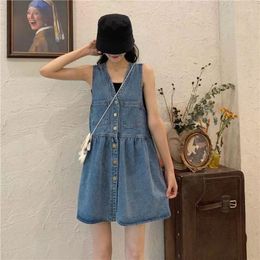 Casual Dresses Korean Fashion Vintage Sleeveless Dress Women Streetwear Single Breasted Pockets V-neck Denim Mini A-line Pleated