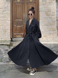 Women's Trench Coats Black Windbreaker Dress For Women Spring Autumn 2023 Long Sleeve Tailored Collar Ankle-Length French Slim Lace Up