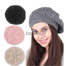Stingy Brim Hats New Warm Winter Women Cable Knit Beret Cap French Artist Beret Hats Braided Baggy Wool Beanie Hat Solid Color Slouch Baggy Hat J230802
