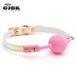 Bondage OJBK Sex Toys For Couples Adult Games Colourful Soft Silicone Ball Gag Oral Fixation PU Leather Conquer ToysBondage Mouth Gag 230801