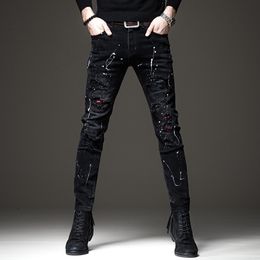 Mens Jeans Autumn and Winter Personality FashionPatch Black Speckle Patch Beggar Pants Cloth Leggings Ripped jeans 230801