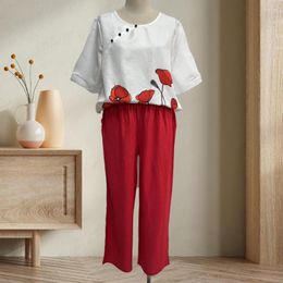 Women's Two Piece Pants Trendy Women T-shirt Set Wide Leg Soft Long Lady Top Trousers Button Decor Garment