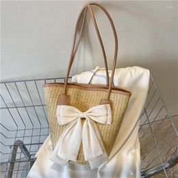 Evening Bags High Quality Casual Straw Woven Handbags Women Summer Holiday Beach Bow Totes Top-Handle Bag Fashion Ladies Undearm Shoulder