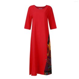 Casual Dresses Women's Plus Size Patchwork Line Dress 3/4 Sleeves O-Neck Button High Low Hem Vintage Robe Sundress Summer Woman 2023 Tren