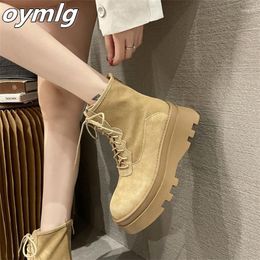 Boots 2023 Women's Autumn Frosted Lace-up Flat Suede Short Cow Flip Leather Thick Bottom Women Black