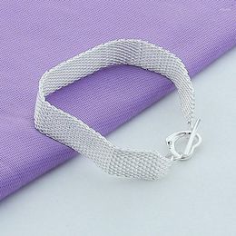 Link Bracelets Noble 925 Stamp Silver Colour Mesh Heart Clasp Nice For Wedding Women Chain Charm Fashion Gorgeous Jewellery 16MM