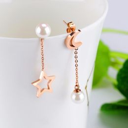 Dangle Earrings Rose Gold Color Dangling Star And Moon Celestial Simple Asymmetrical In Stainless Steel