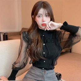 Women's Blouses Shirts Sexy Long Sleeve Stand Black Chiffon Shirts Short Slim Vintage Blusas Mujer Patchwork Blouse White Mesh Dot Polka Knitted Top J230802