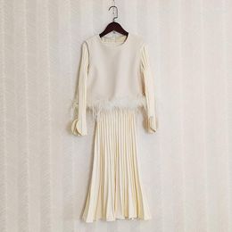 Casual Dresses Winter Knitted Beige Color Dress With Feathers 2 Pcs /Set Stretchy Fabric Elegant Party Vacation Long Clothes
