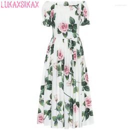 Party Dresses 2023 Women Summer Dress High-end Custom Sicilian Rose Flowers Print Runway Sexy Off Shoulder Slim Long