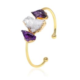 Raw Stone Bracelet for Women Irregular Amethyst Crystal Cluster Handmade Open Cuff Bangle Jewellery with Gold Trim