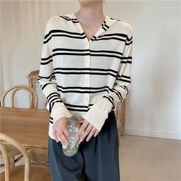 Women's Sweaters Spring Summer Striped Knit Loose Women Cardigan Sweater Full Sleeves Casual Streetwear Lady Preppy Style Crop Tops