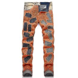 Orange Spider-Web Men's Jeans Fashion Slim-fit Retro Blue Straight Denim Pants Summer Street Embroidered Trousers