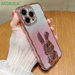 Cell Phone Cases Gradient Glitter Wave Border Phone Case for iPhone 14 13 12 11 Pro Max 7 8 Plus Xs Max XR X Plating Rabbit Folding Bracket Cover L230731
