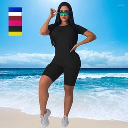 Women's Tracksuits Summer 2Pcs Set T-shirt Shorts Round Neck Solid Elastic Waist Tight Sexy Casual Fitness Beachwear Female Tracksuit Suit