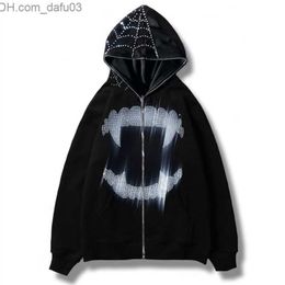 Men's Hoodies Sweatshirts Y2K Rhinestone Cobweb Zipper Super Dalian Hoodie 2022 Autumn Gothic Sweatshirt Men's Grunge Hoodie Street Clothing Y2K Clothing Z230804