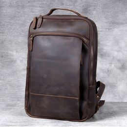 School Bags Vintage Crazy Horse Genuine Leather Backpack Men Laptop Daily Bagpack Male Rucksack Trave Hiking Knapsack Large 230801