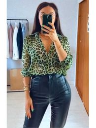 Women's Blouses Shirts Green Leopard Printing Long Sleeve Shirt Women's Turn Down Collar Single Breasted Shirts 2023 Summer Causal Fashion Blouses Tops J230802