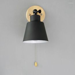 Wall Lamp Nordic Wooden LED Minimalist Iron Macaron Pull Switch Sconce Rotating Bedside Fixture Bedroom Indoor Decor Lights