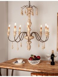 Pendant Lamps Solid Wood Distressed Handmade Carved Farmhouse Style B & Dining-Room Lamp Clothing Store Soft Bedroom Decorative Chandelier