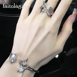 Bangle Kpop Cross Star Opal Rings Bracelet Set Y2K Aesthetic Natural Stone Bracelets Irregular Geometric Ring Jewellery