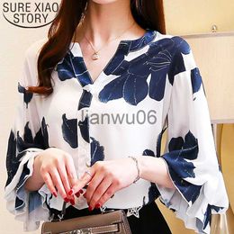 Women's Blouses Shirts Womens tops and blouses plus size white blouse harajuku ladies tops chiffon blouse VNeck Floral Puff Sleeve shirts 2878 50 J230802