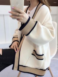 Women's Sweaters Cardigan Knitted Korean Fashion Stripe Wool Sweater For Women Winter Long Sleeve V-neck Casual Knitwear Coats Female