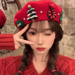 Berets Wool Woollen Christmas 2023 Cute Painter Cap Autumn And Winter Atmosphere Sweet Cool Girl Concave Shape Women's Hats