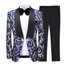 Men's Suits Latest Coat Pant Designs Men Suit Shawl Lapel Slim 3 Piece Set Floral Jacquard Wedding Groom Singers Prom Costume XS-5XL