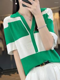 Women's T Shirts 2023 Summer Ladies POLO Neck Pullover Worsted Wool Short Sleeve Striped Loose Casual Fashion Knit Sweater Top Women Vest