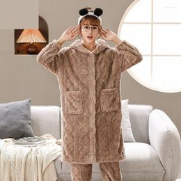 Women's Sleepwear Lady Warm Pyjamas Set Long Sleeve Robe&Pants Coral Fleece 2PCS Casual Loungewear Pijamas Suit Hooded Home Clothing